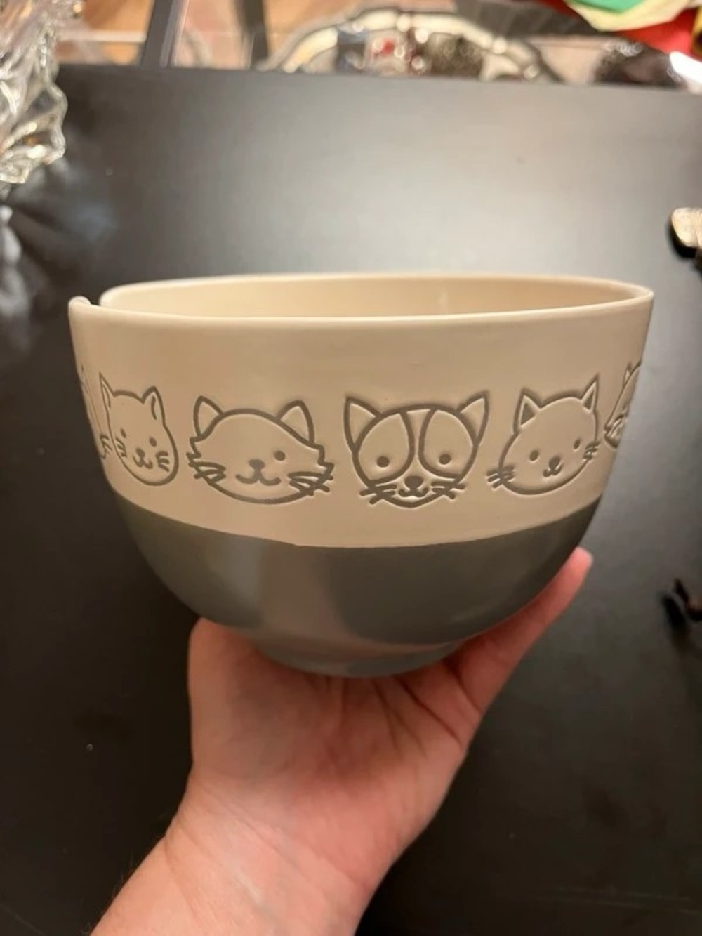 Ceramic Cat Motif Serving Bowl in Cream and Gray